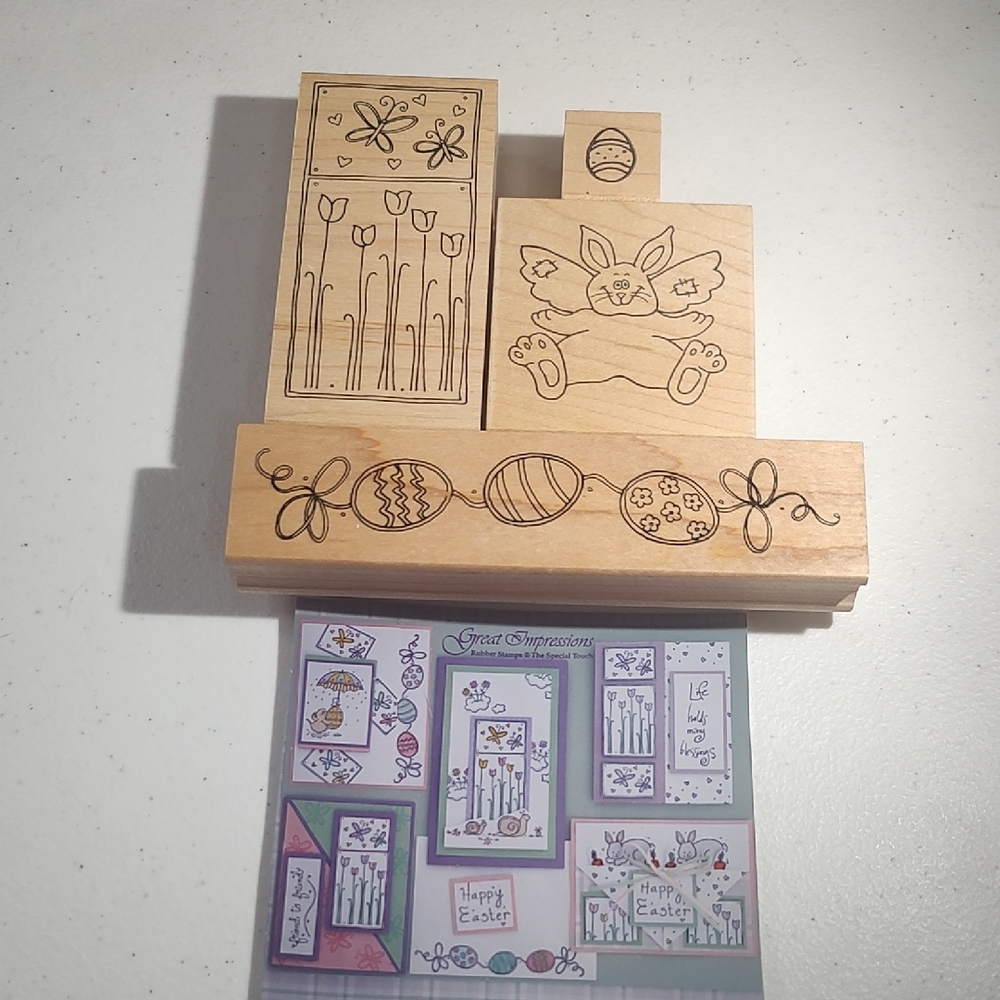 4 Easter And Spring Wood Mounted Stamps By Great Impressions - Eggs, Butterflies